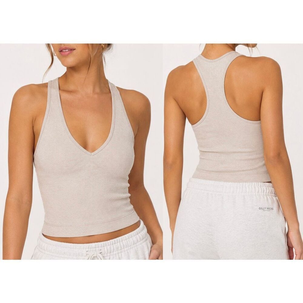 Gilly Hicks Ribbed V Neck Racerback Tank Top XS Beige Cream Athleisure